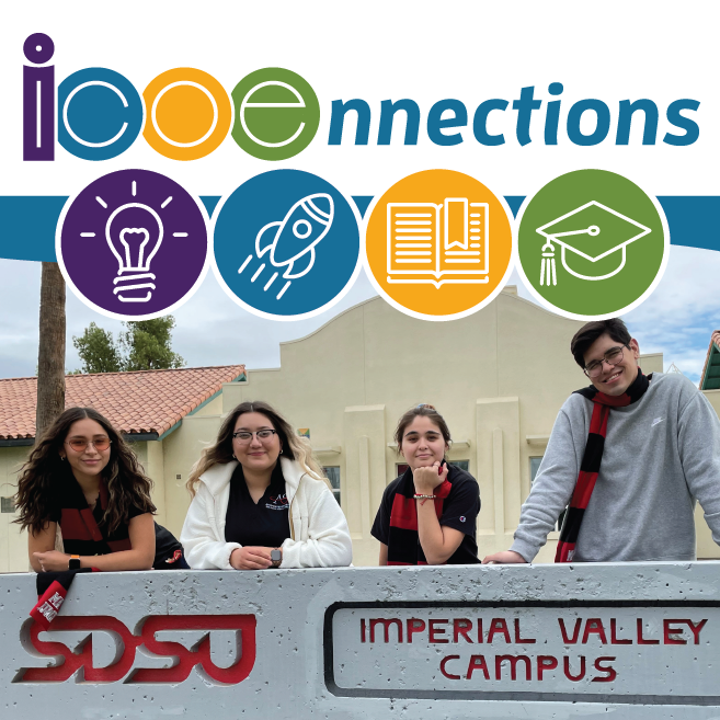 4 students standing behind a university sign