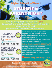 Higher Education Week (HEW) Student & Parent Night Flyer